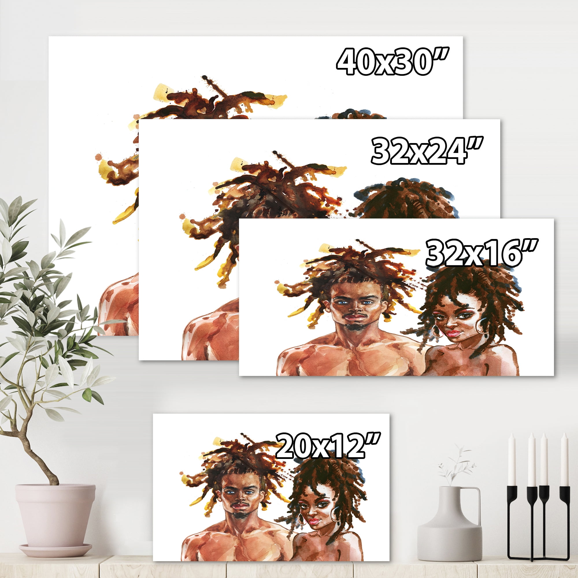 Portrait of African American Couple 32 in x 16 in Painting Canvas Art Print, by Designart