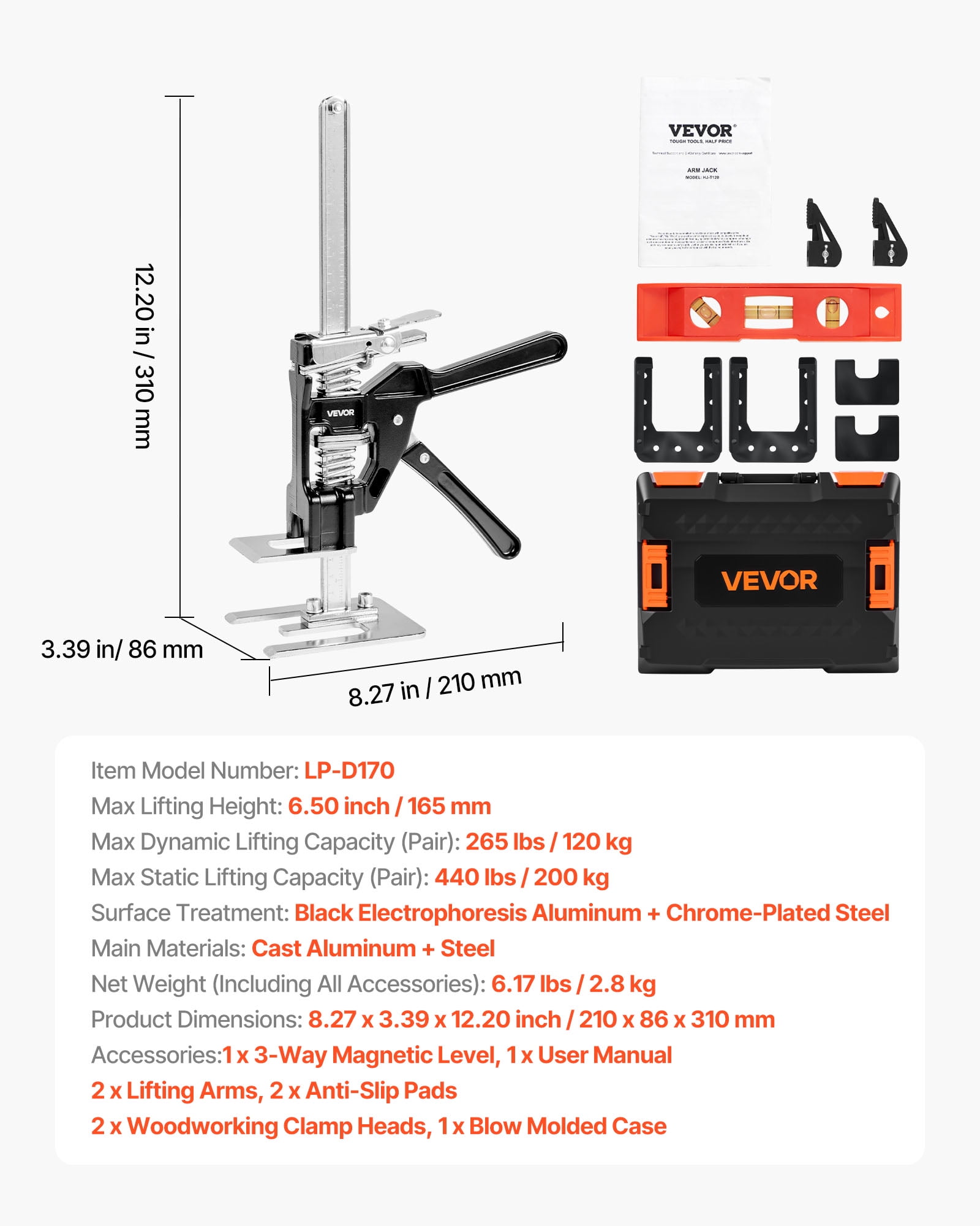 VEVOR Labor Saving Arm Jack, 2 PCS 440 lbs Bearing Capacity, Lifting up to 6.5", Metal Hand Lifting Jack Tool with Magnetic Level, 2 Adjustment Modes, for Door, Window, Furniture, Woodworking, Black