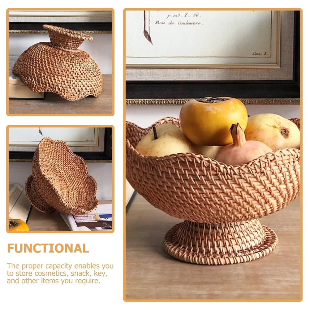 Summer Clearance Rattan Fruit Bowl Footed,Ornate Woven Basket for Kitchen Decor 25cm