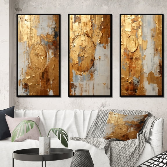 Designart "Togetherness in Vintage Gold II" Abstract Painting Framed Wall Art Set Of 3 - Gold Modern Frame Gallery Wall Set For Home Decor