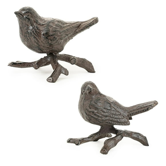 Sungmor Estatuas de Pájaros Peq. de Hierro Fundido, juego de 2 figs. coleccionables marrón óxido con rama, escultura decorativa para granja, hogar y jardín; adornos realistas p/ interior y exterior