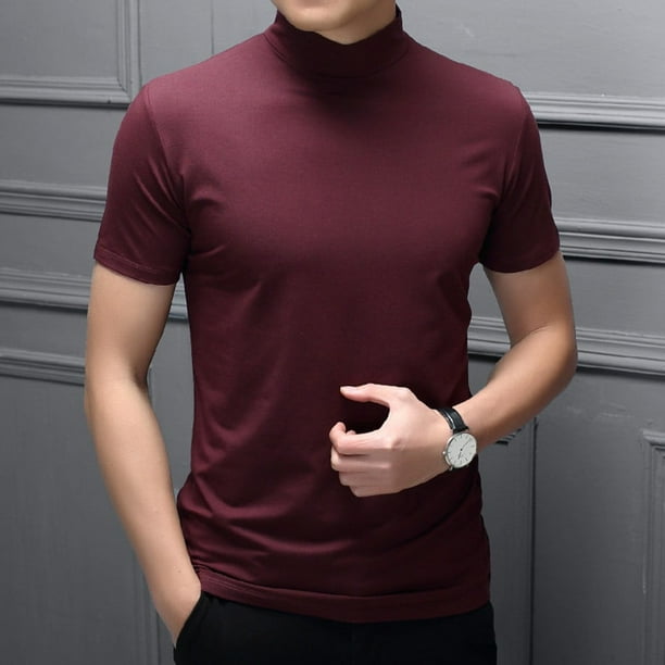Blusa básica lisa de cuello alto para hombre Fule, camiseta tipo jersey, top de manga corta, top de fondo