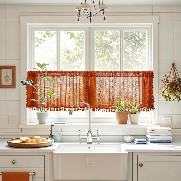 Terracotta Boho Short Curtains for Kitchen Window Over Sink, Burnt Orange Crochet Privacy Farmhouse Lace Sheer Vintage Tassels Retro Halloween Rod Pocket,2 Panels 50" W x 18" L