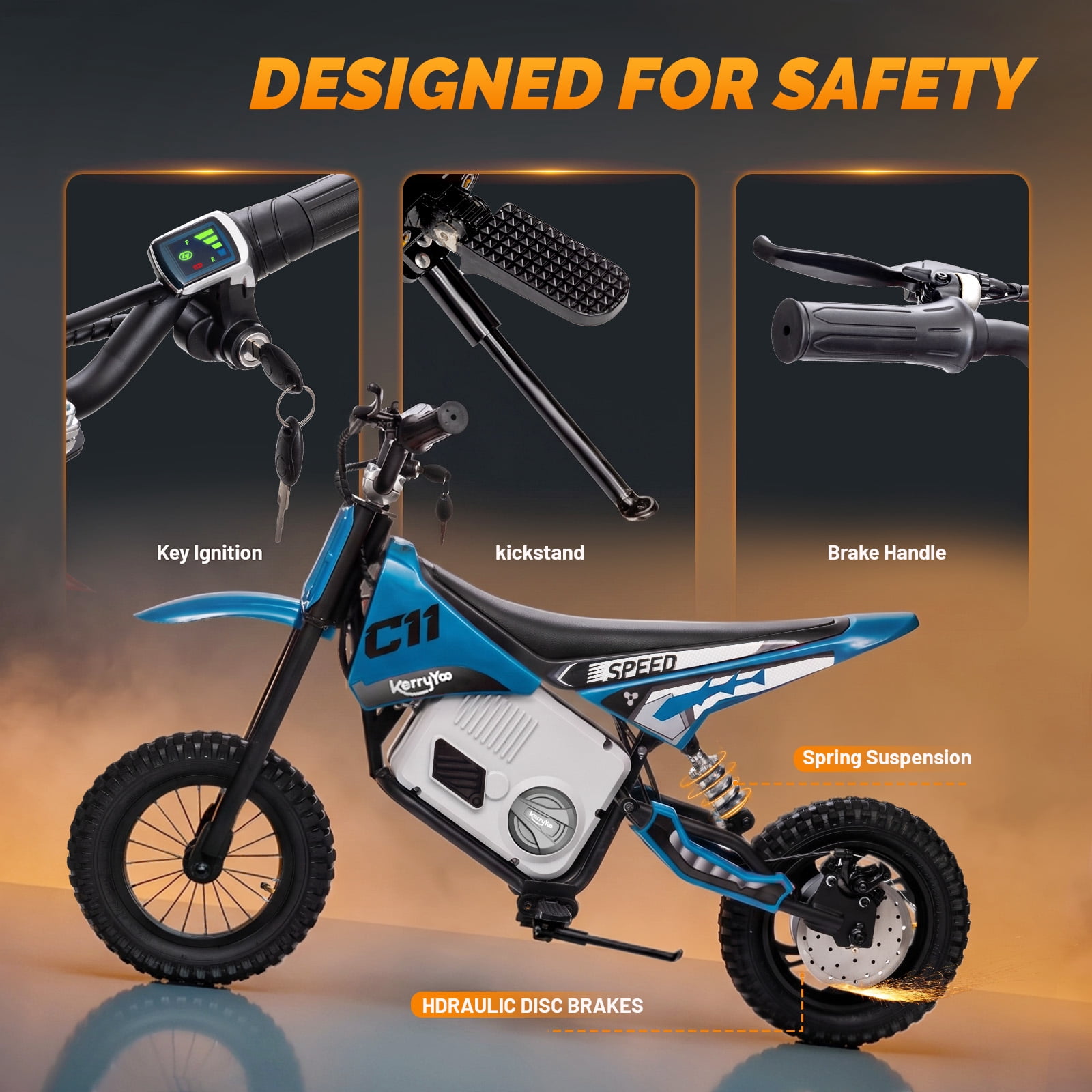 Kerry Yoo C11 36V Electric Dirt Bike for Kids 8-14, 350W Teen Electric Motorcycle, 16 mph, Spring Shock Absorption Suspension - Blue