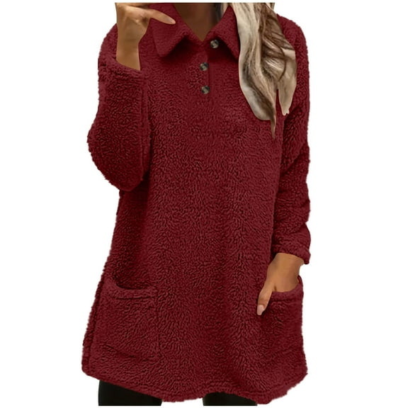 Lenpel Women's Fuzzy Fleece Sweatshirts Long Sleeve Quarter Button Lapel Plush Warm Tunic Tops Fall Winter Pullover Sweaters with Pockets(Wine,X-Large)