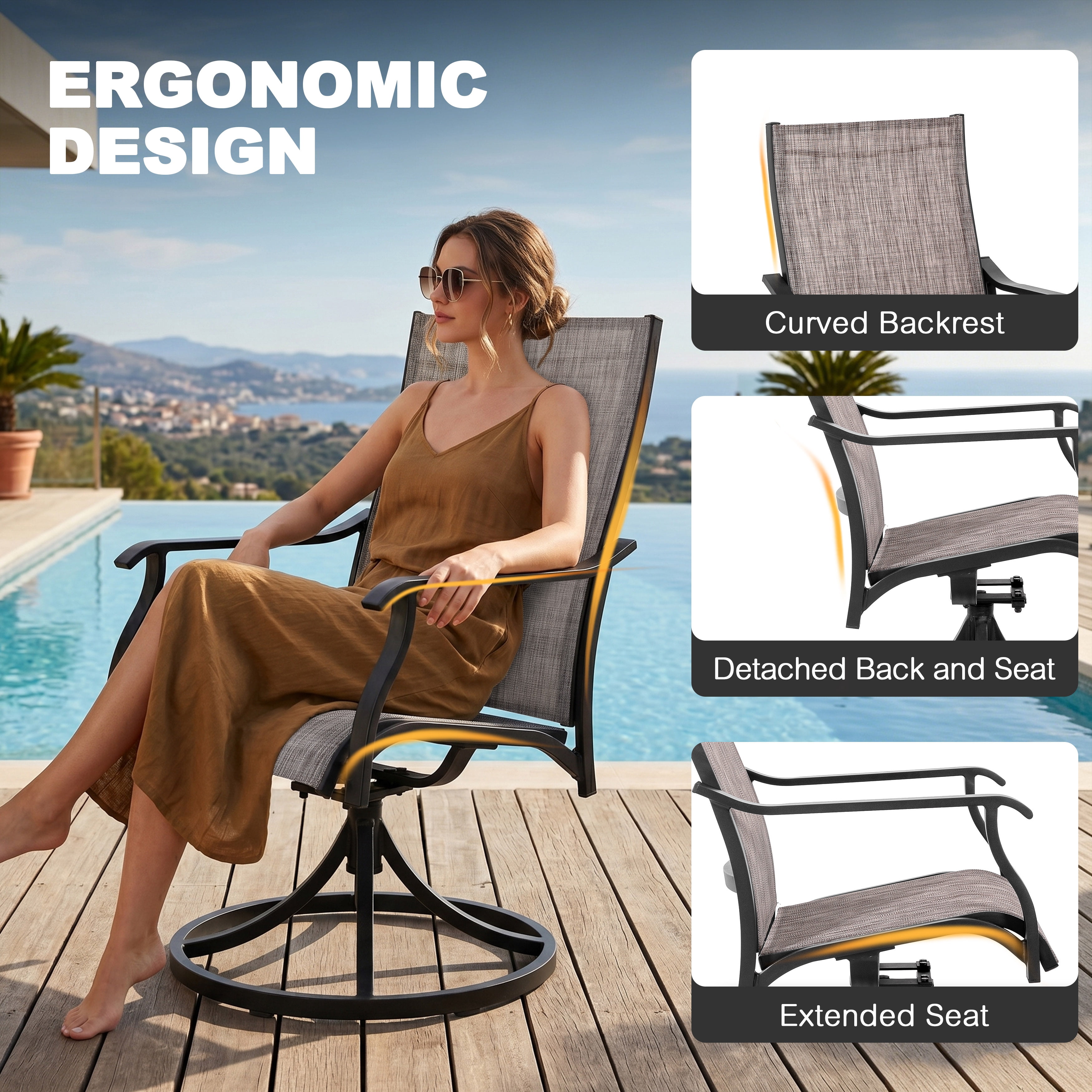Nuu Garden Swivel Patio Chair Set of 2, All-Weather Textilene Outdoor Dining Chairs with High Back, Outdoor Dining Chair Set, Grayish Brown