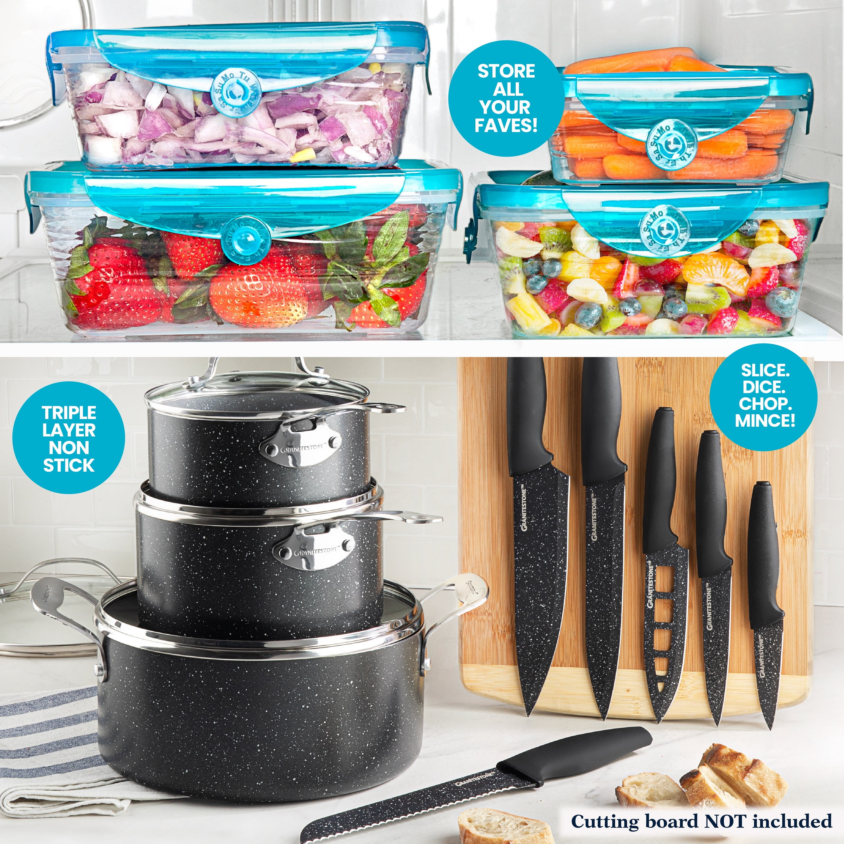 Granitestone 17 Piece Complete Nonstick Cookware Set - Includes 10 Piece Pots and Pans Set + 6 Piece Knife Set and 1 Cutting Board, 100% PFOA Free