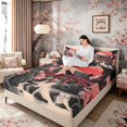 thumbnail image 3 of Manfei Stylized Fuji Full Size Sheets for Girls, Red Moon Waterfall Bed Sheets, Black Pink 4-Piece, 1 Flat Sheet, 1 Fitted Sheet and 2 Pillowcases, 3 of 6