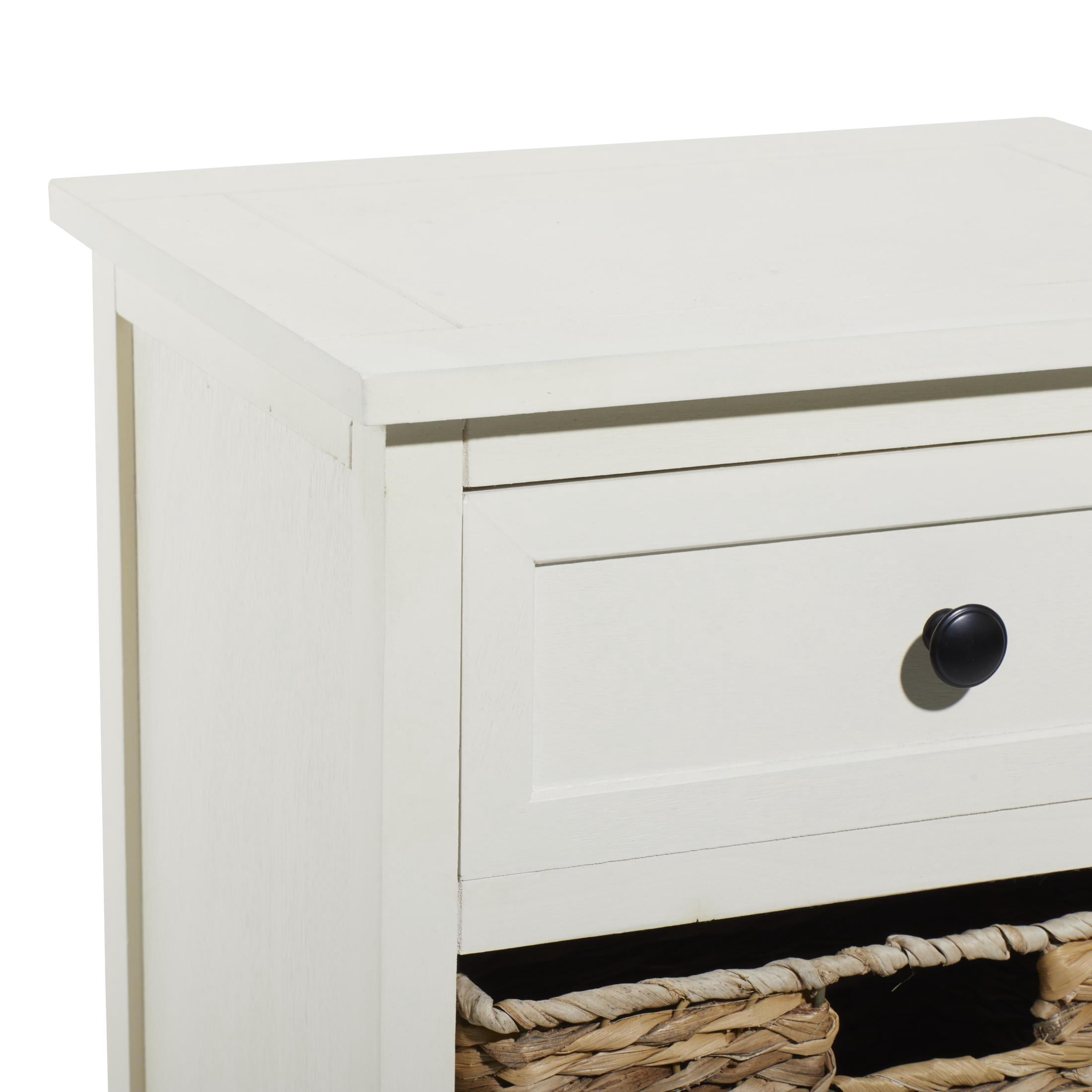DecMode 16" x 28" Cream Wood 1 Drawer Storage Unit with 2 Wicker Basket Drawers, 1-Piece