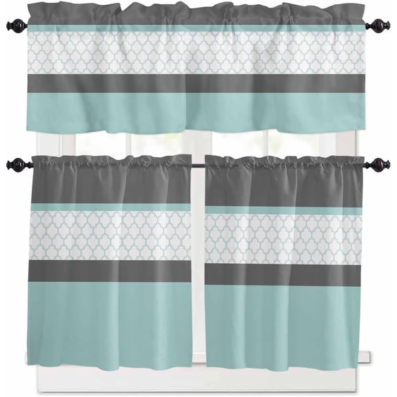 Black Morocco Kitchen Curtains, Grey Striped Middle Century Patterned 3-Piece Kitchen Curtain Valance and Tiers Set 24 Inch Length, Rod Pocket Half Window Curtains for Cafe Living Room Bathroom