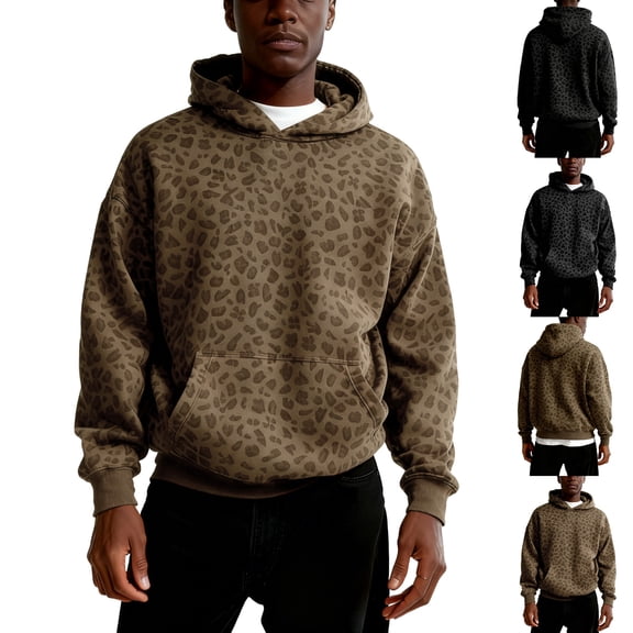 Garbnen Hoodies for Men Leopard Print Pullover Hooded Sweatshirts Outdoor Casual Trendy Spring Shirt Long Sleeve Fashion Tops With Pockets Brown M