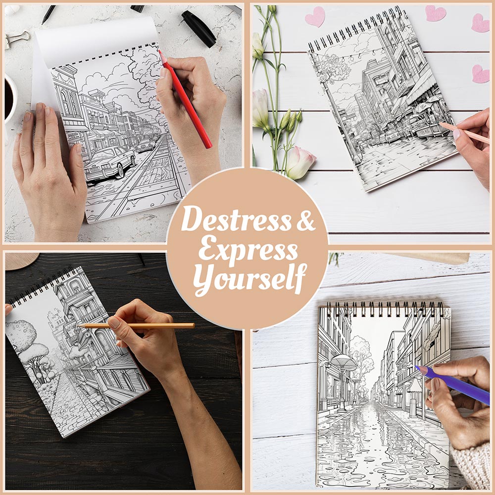 Rainy Day Scenes Coloring Book Spiral Bound For Adults, A5 Wooden Cover, 30 Beautiful Coloring Pages of Streets Under Rain for Stress Relief and Relaxation