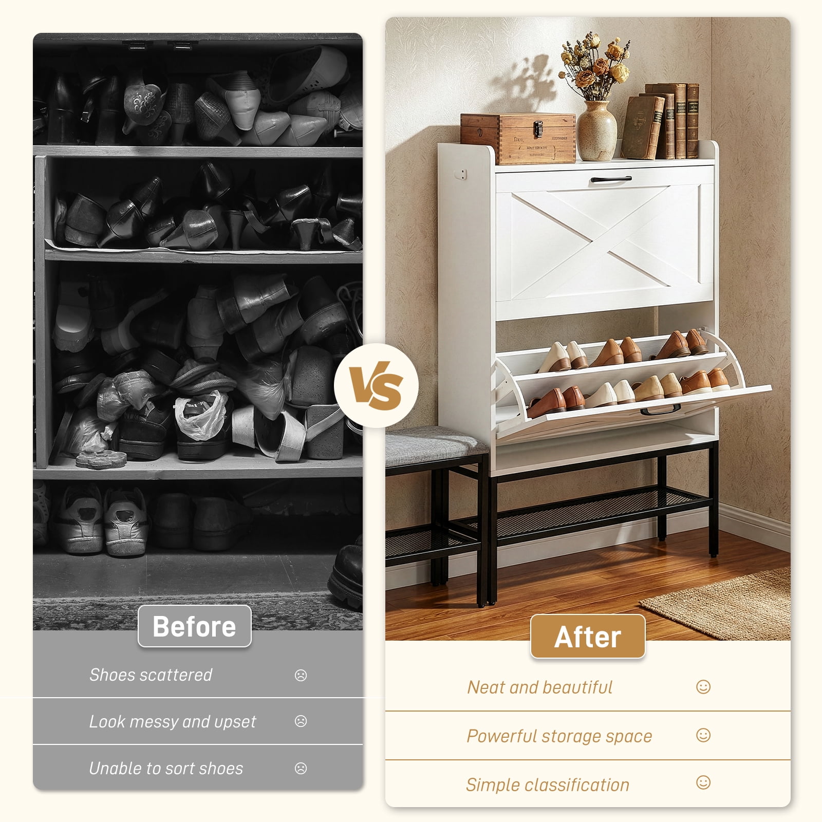 Ktaxon Farmhouse Shoe Cabinet w/ Bench, Entryway Shoe Storage Cabinet Shoe Rack Organizer for Hallway Bedroom Closet Living Room Home Apartment, White