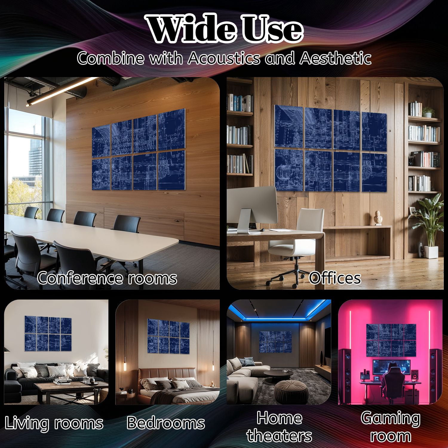 8 Pack Art Acoustic Panels Sound Absorbing Blueprint Decorative Soundproof Wall Panels Self Adhesive for Nursery Game Room Bedroom 48"x32"