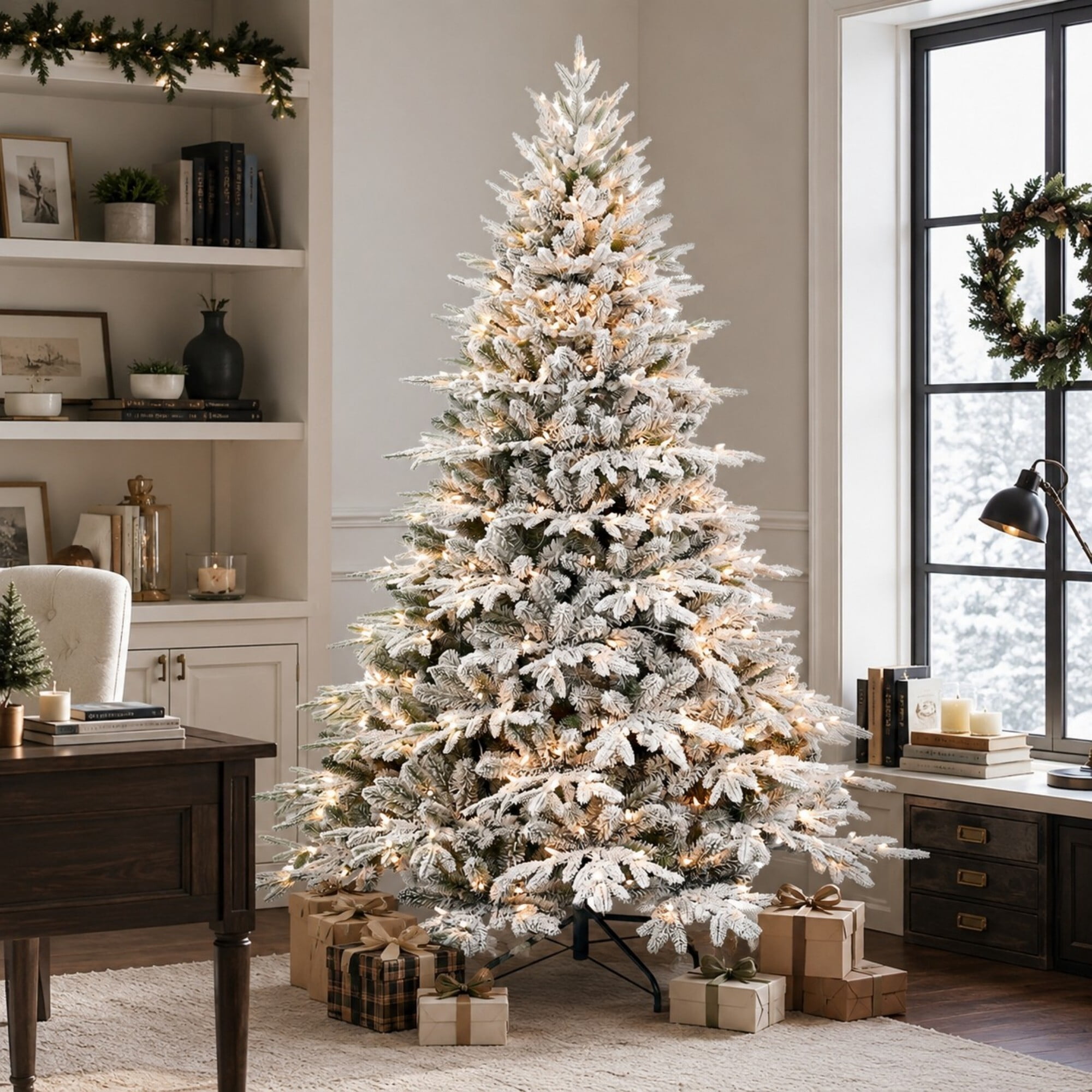 DEALTOPS 7.5ft Pre-Lit Flocked Artificial Christmas Tree, 650 Warm White Lights, 3135 Tips, Foldable Metal Stand