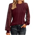 thumbnail image 2 of CQONEPT Women's Lace Patchwork Shirts Pleated Crewneck Blouse Trendy Palazzo Going Out Long Sleeve Tunic Tops Wine S, 2 of 6