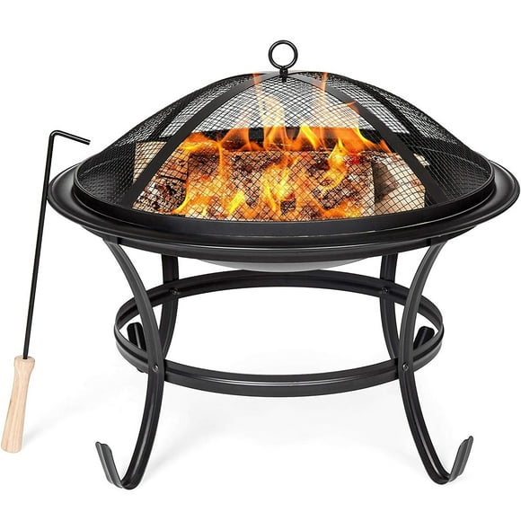 22" Inch Round Fire Pit with Cover, Outdoor Steel Wood Burning Fire Pit BBQ Grill with Round Mesh Spark Screen Cover - 1380