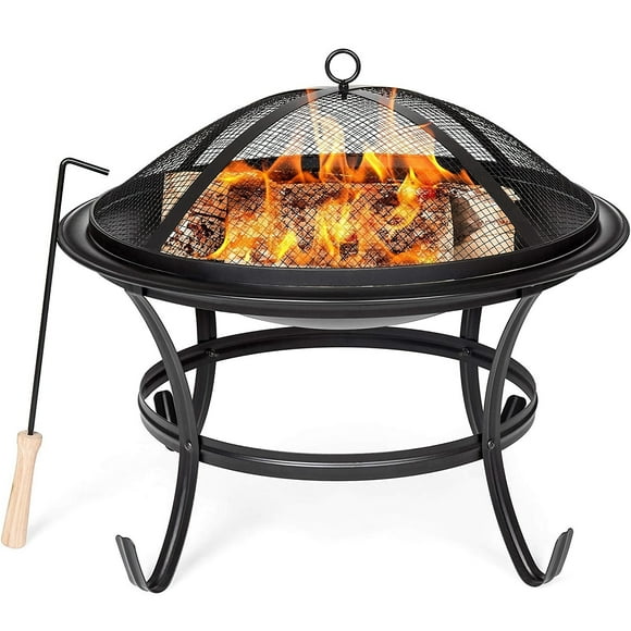 Toytexx 22" Round Fire Pit with Cover, Steel Wood Burning BBQ Grill, Mesh Spark Screen - Outdoor