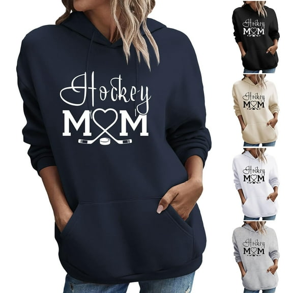 LEKDFST Graphic Hoodies for Women Hockey Mom Letter Print Hooded Sweatshirt Oversized Cozy Pockets Pullover Fall Tops Beige L