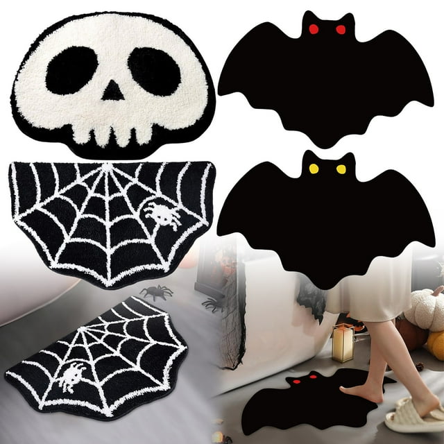 TRUEDAYS Halloween Decor Mat For Bathroom Gothic Cute Halloween Decoration Black White Half Circle Mat Non Rug Bathroom Mat Plush Shower Rug
