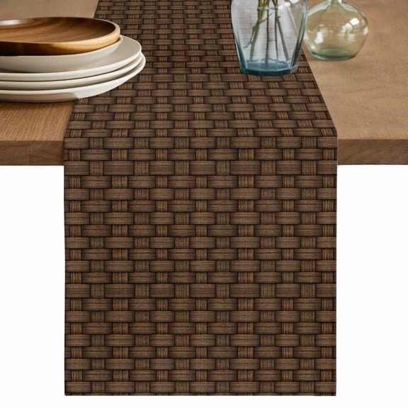 Table Runner 70 Inches Long for Kitchen Dining, Dark Brown Rattan Dresser Scarf Farmhouse, Dining Table Decorations for Wedding/Parties, Vintage Abstract Wicker Texture 13 x 70 In