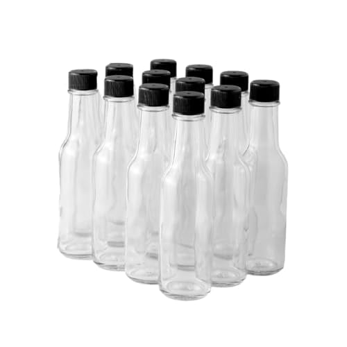 - 5oz Woozy Hot Sauce Bottles, Pack of 12 with Black Plastic Caps, Empty Small Woozy Bottles, Clear Glass bottles with Leakproof Cap - No Dripper Included$$Home Decor, Kitchen, & Other