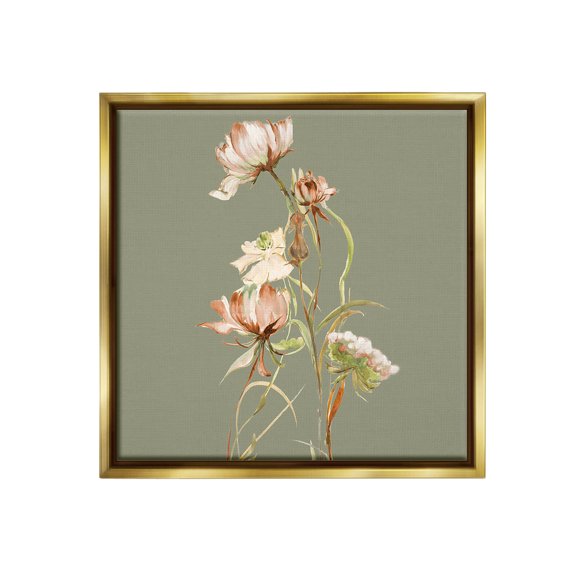 Stupell Industries Delicate Blooms on Green Botanical & Floral Painting Gold Floater Framed Canvas Art Print Wall Art, 18 x 18