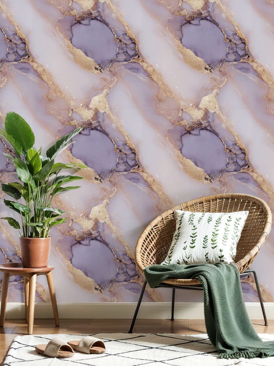 Peel and Stick Wallpaper Abstract Purple Gold Marble Fluid Swirls Wall Mural 23.6in x 9.8ft Self Adhesive Removable Wall Paper Renter Friendly Wallpaper for Nursery Bedroom Cabinets