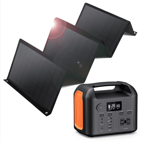 R300 299Wh Portable Power Station With 55W Solar Panel, Pure Sine Wave Solar Generator, Battery Pack, Emergency Power Station with 110V/300W 2 AC Outlets, PD 60W USB-C&Dual 12V/120W Ports Power