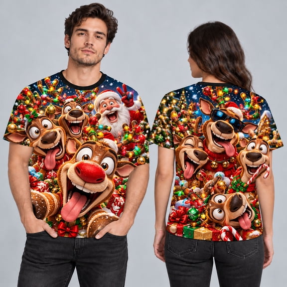 MOVAAX Funny Reindeer Selfie with Santa 3D-Effect T-Shirt, Unisex Christmas Tee