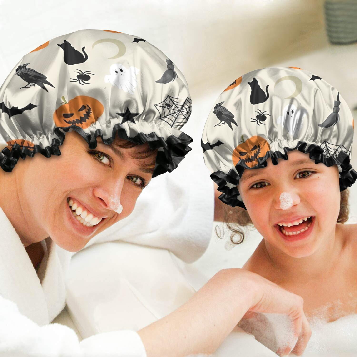 Shower Caps,Beige Halloween Pumpkins Ghosts and Bats Waterproof Shower Cap for Women 4 Pieces,Double Reusable Hair Cover for Shower PEVA Elastic Stretch Hem