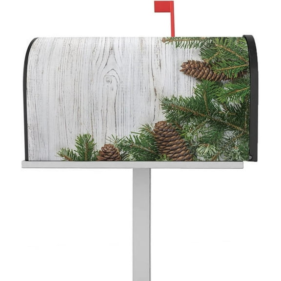 Spring Mailbox Cover Magnetic Mailbox Wraps, Spring Green Pine Trees White Wood Texture Mailbox Covers Large Size 21x25.5 Inch Mail Wrap Post Letter Box Decoration for Outdoor Gardern Yard