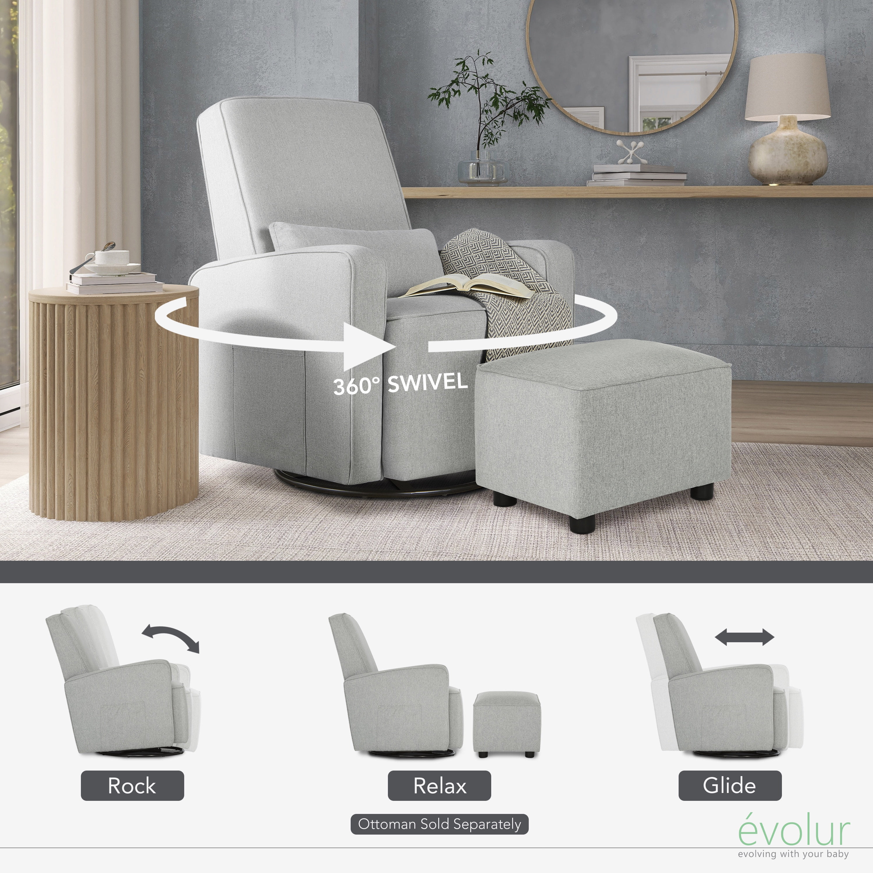 Evolur Holland Upholstered Swivel Glider | Rocker I Included Lumbar Pillow I Modern Design, Harbor