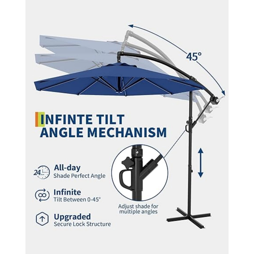10FT Cantilever Patio Umbrella with Heavy-Duty Cross Base, Outdoor Offset Market Umbrella with Infinite Tilt & Easy Crank Lift – Waterproof, UV-Resistant, Wind-Resistant, Sturdy Aluminum Pole