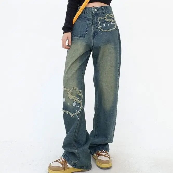 Sanrio Hello Kitty New Fashion Baggy Jeans For Women Korean Streetwear Loose Straight Trousers Female High Waist Vintage Pants
