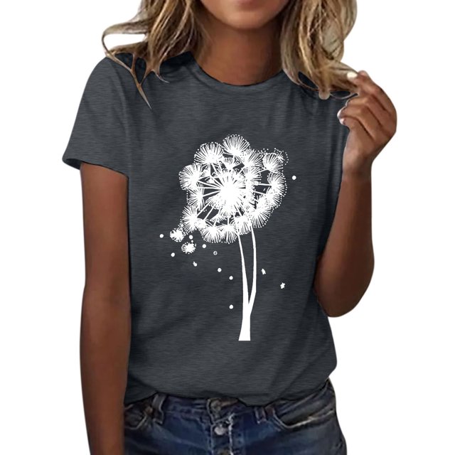 Gibobby Camisetas de verano para mujer Camiseta deportiva informal manga corta con cuello redondo y estampado diente león a la moda para mujer(Gris oscuro,G)