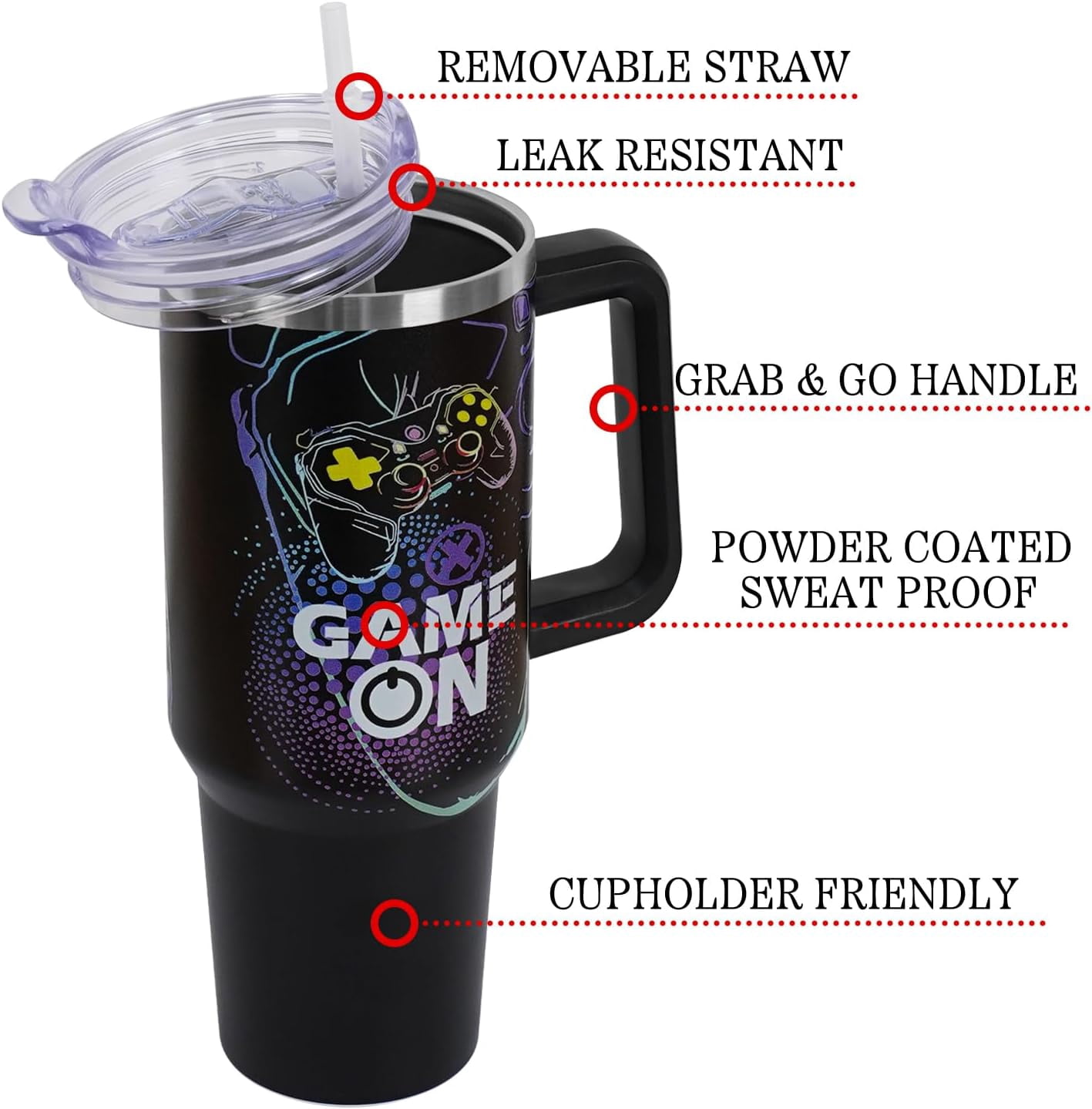 Gamer Gifts 40 oz Tumbler with Handle and Straw Lid for Men,Cool Gaming Video Game Gamepad Presents for Teens Son Dad Boyfriend Husband Father Christmas Easter Birthday Gift Tumbler Coffee Cup Mug