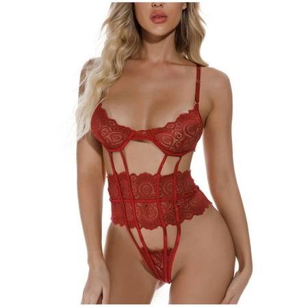 

YDKZYMD Women Sexy Lingerie Chemise With Strappy Sets Lace V Neck One Piece Bodysuit Sheer Teddy Babydoll Underwear Set
