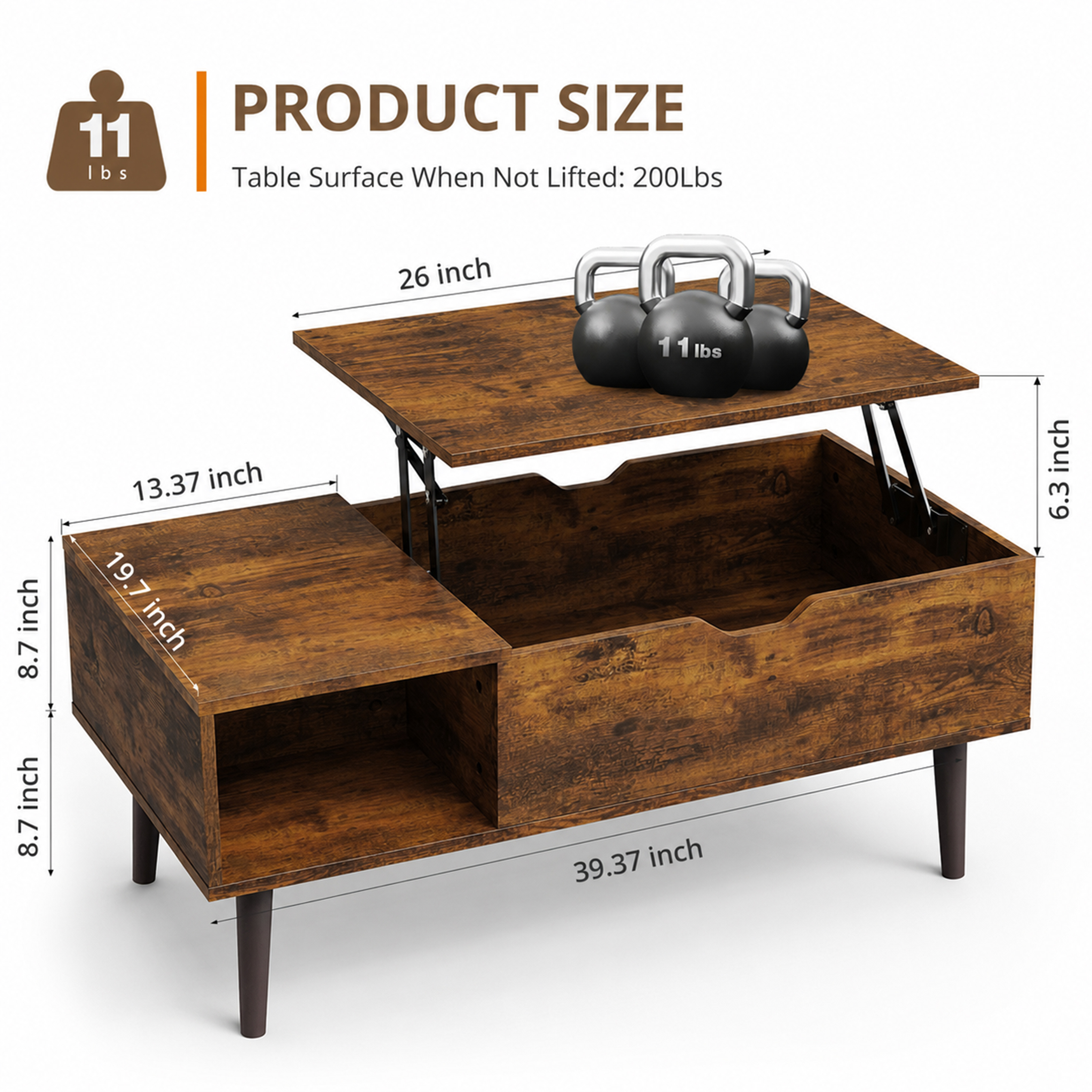 Edx Adjustable Height Lift-Top Coffee Table, Rust Brown photo 4
