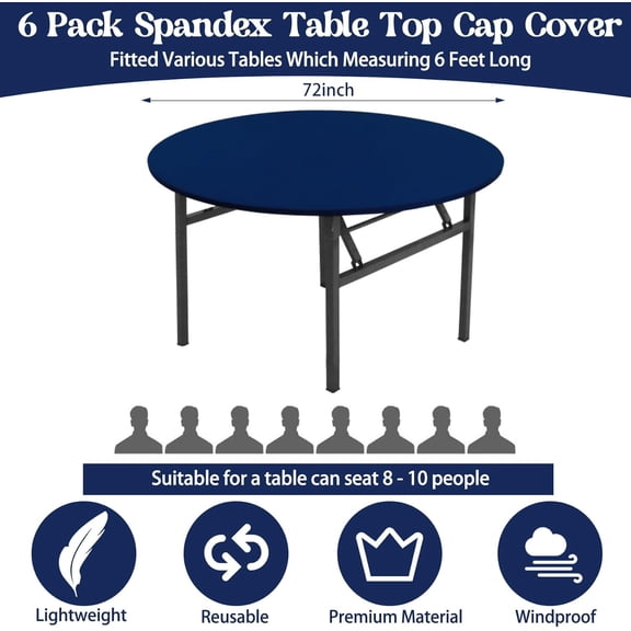 6 Pack Spandex Table Top Cover for 6FT Round Table, Stretch Fitted Tablecloth Washable Round Tablecovers with Elastic Edge for Indoor Outdoor Party Picnic Camping (72", Navy Blue)