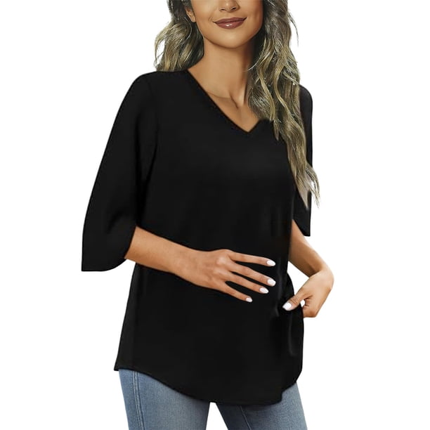 Tops de verano para mujer: túnica holgada con cuello en V y manga 3/4, poliéster, informal/trabajo/cita, para combinar con leggings