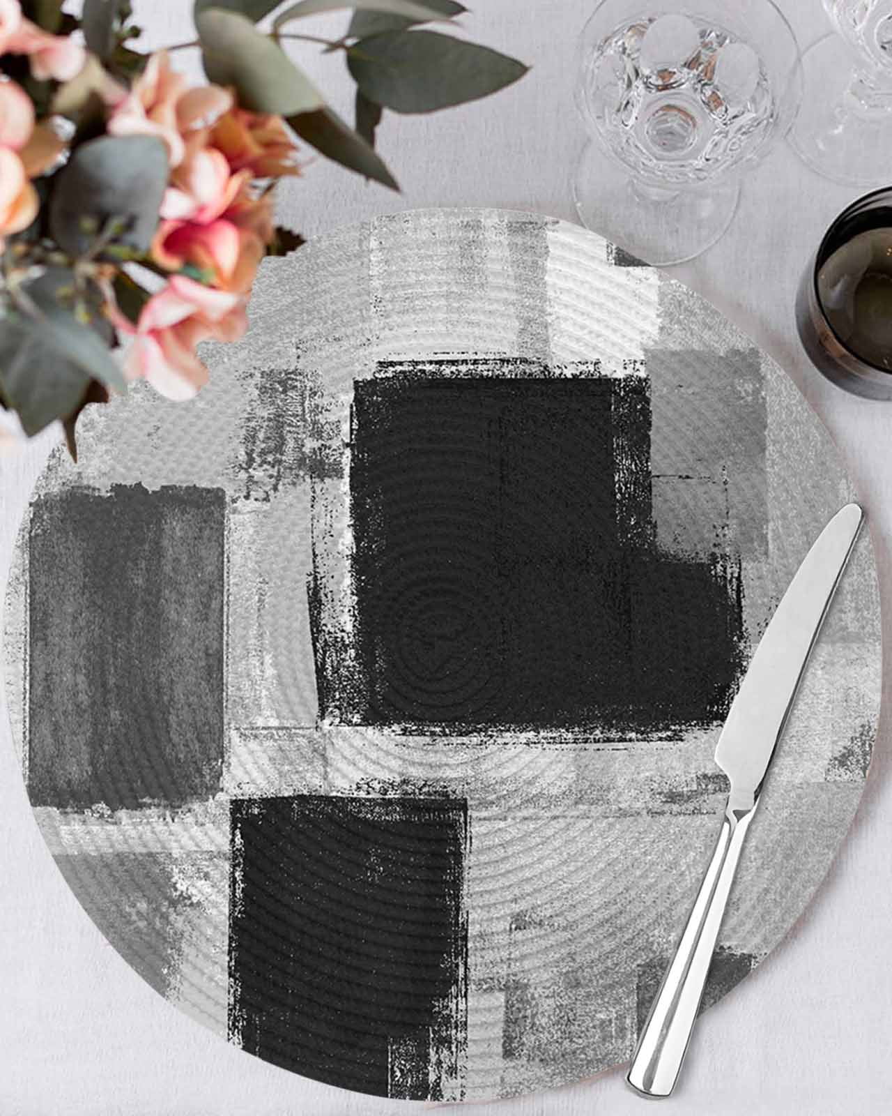 Abstract Vintage Round Table Placemats set of 8, Art Oil Painting Texture Washable Woven Place Mats for Dining Tables Kitchen Party Decor,Heat Proof, 15in, Black Gray