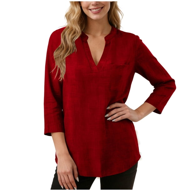 Tops de Manga Larga de las Mujeres Casual Color Sólido V Cuello Tres Cuartos de Manga Blusa Suave