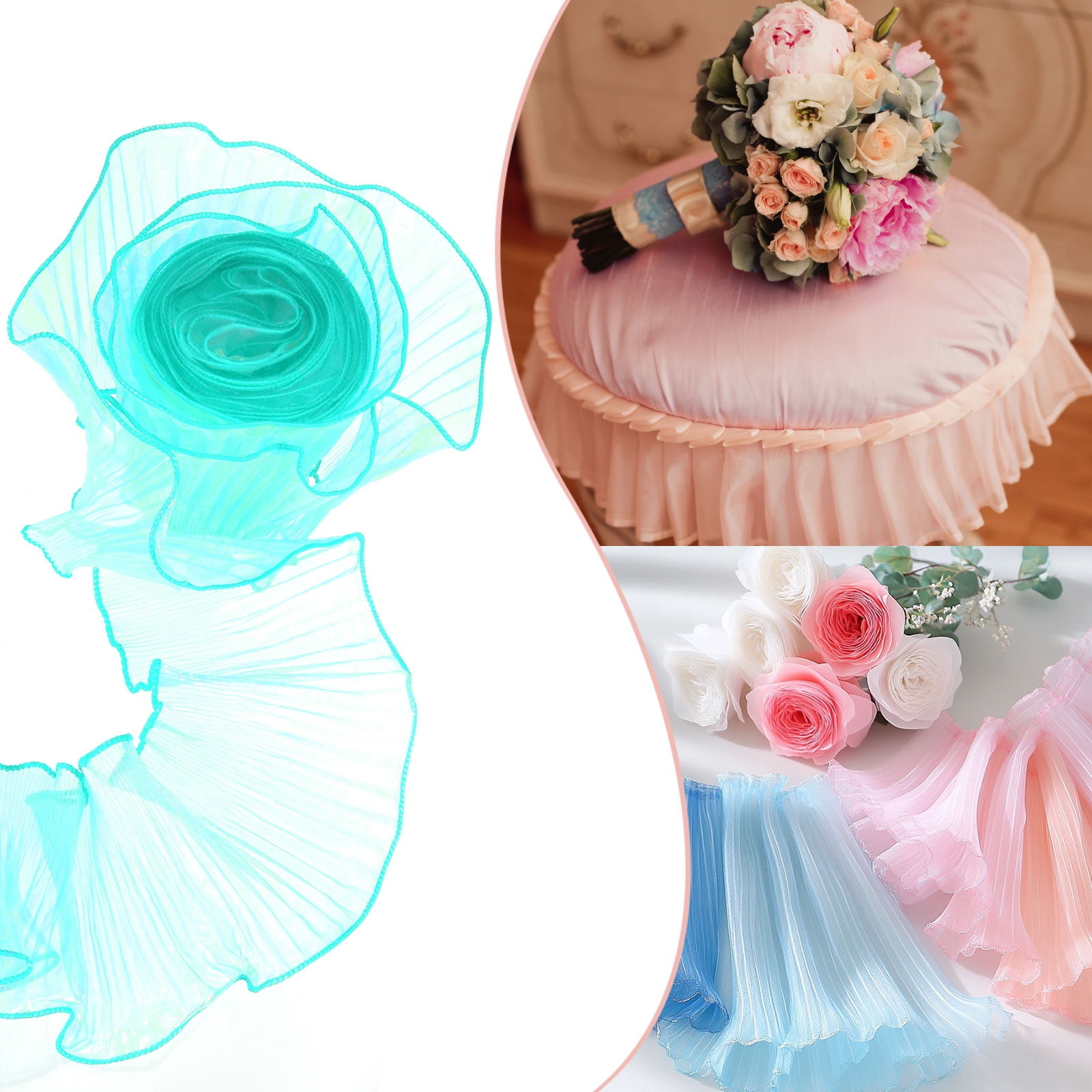 5.5" x 11 Yards Ruffle Pleated Organza Trim Iridescent Pleated Lace Trim Ribbon for DIY Craft Dress Clothing Wedding Gift Home Decoration, Light Blue