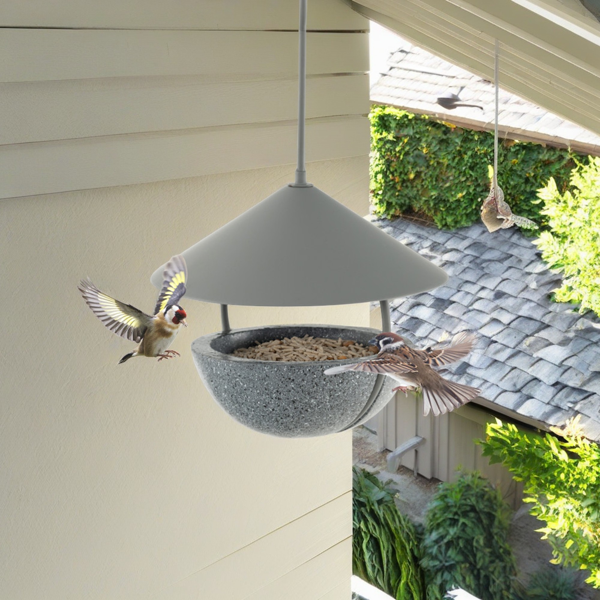 Kadyn 14" Metal Hanging Bird Feeder and Bath with Weatherproof Dome, Wild Bird Feeder for Outdoors, Gray