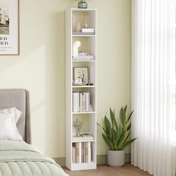 Hzuaneri 6-Tier Bookcase, Narrow Bookshelf, Tall Skinny Display Bookcase with Cube Storage, Adjustable Shelves for Living Room, Office, Study, Bedroom, White, 9.4 x 11.8 x 72.5 inch