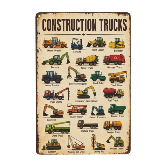 Construction Trucks And Vehicles Metal Tin Sign For Bedroom And Playroom Decor 8x12 Inch