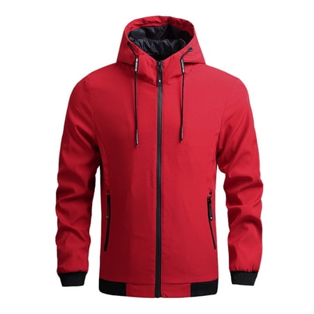 SWSMCLT Men s Hooded Jacket Long Sleeve Fall Warm Zipper Lightweight Windbreaker Hiking Slim Fit Spring Outerwear Red 40