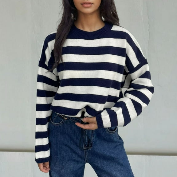 PiGOGI Women's Striped Waist Pullover Round Neck Long Sleeve Sweater Casual Comfortable Knit Top Navy