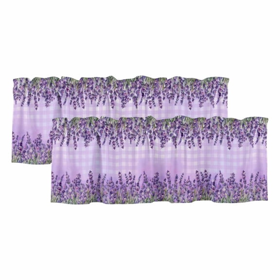 Purple Lavender Valances for Windows, Decorative Rod Pocket Window Valance Curtains, Spring Watercolor Wildflowers Plant Plaid Short Curtain Drapes for Kitchen/Living Room, 2 Panels, 60" W x 18" L